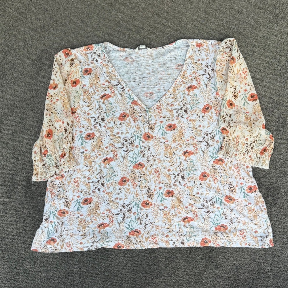 Lucky‎ Brand XL Floral V-Neck Top Mixed Media Sheer Smocked Puff Sleeve Blouse